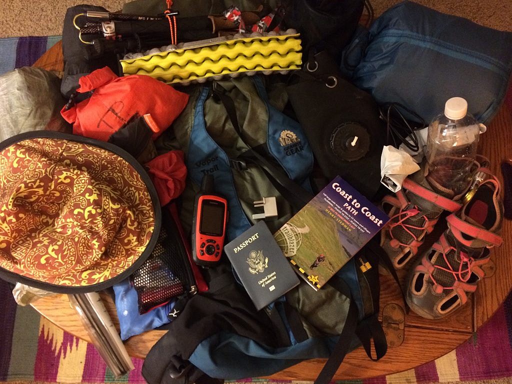 All of the gear in a pile ready to pack in the rucksack for the Coast-to-Coast Trail and ali's Loop of the Lake District.