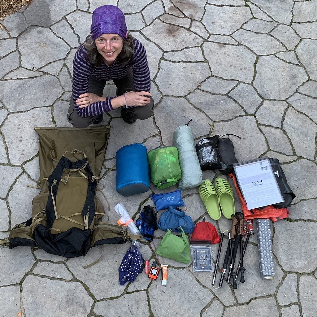 The Blissful Hiker Alison Young with her ultralight gear laid out and ready to go to New Zealand. 