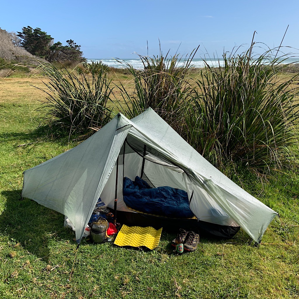 I set my tent at Maunganui Bluff in a wind break.