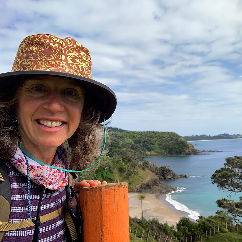 The Blissful Hiker looking back at Sandy Bay in Northland, New Zealand. 
