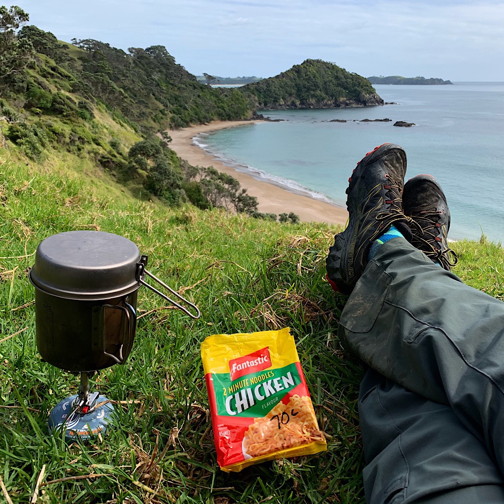 Lunch above Oruaea Bay of Fantastic Chicken for 70-cents NZ. 