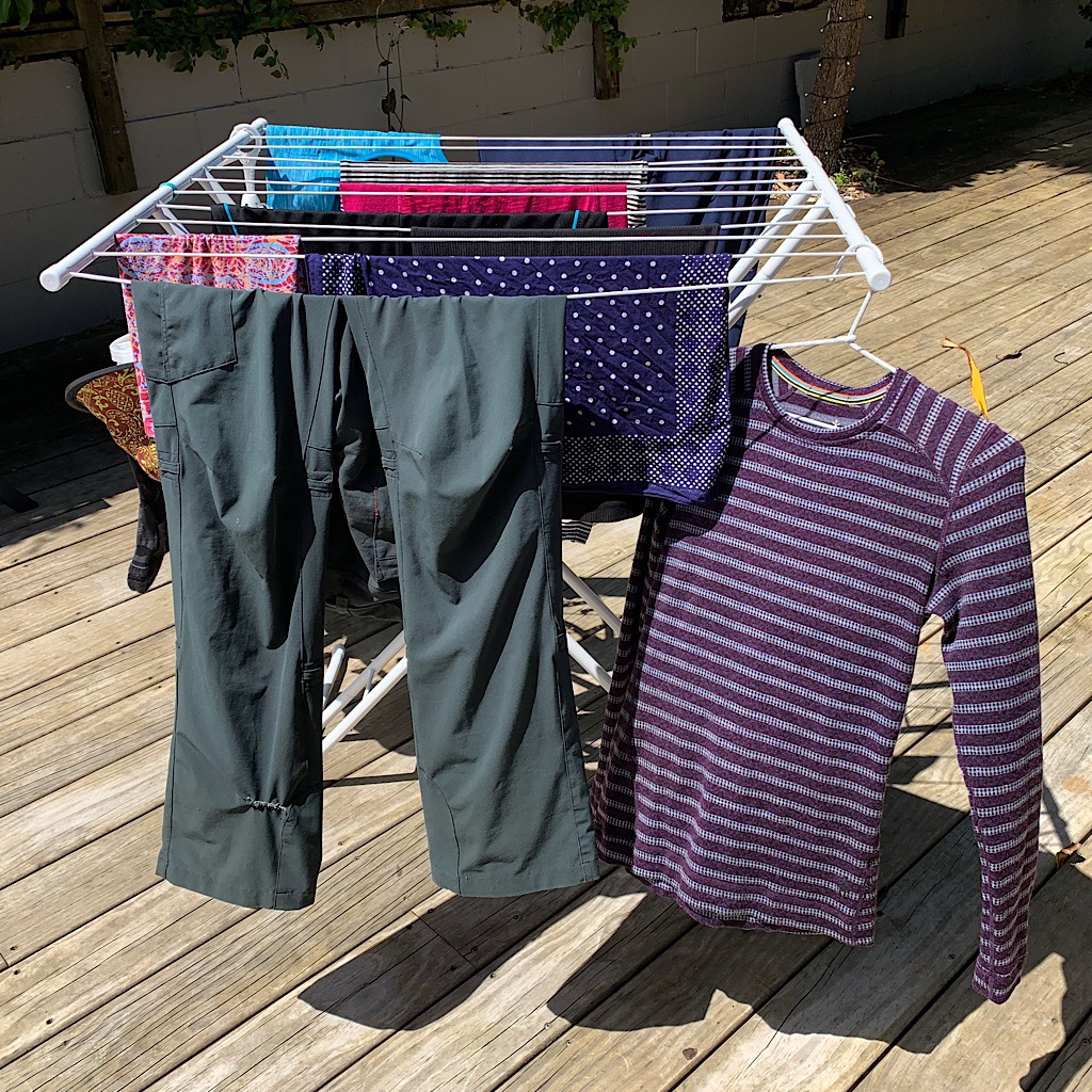 All of Blissful's hiking clothes drying in the sunshine. After a month of hiking, she was wiped out physically and mentally. 