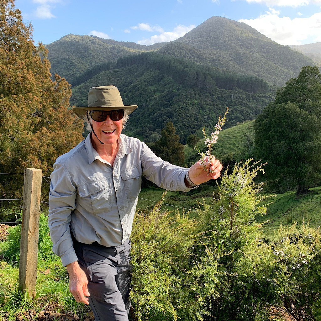 Friend of a friend of a friend, Peter, holds up a manuka branch just before we enter the New Zealand bush.