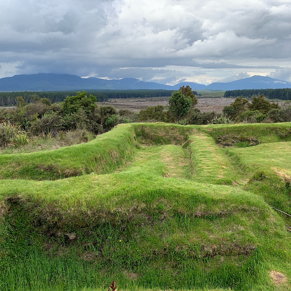 Ramparts at the redoubt look towards volcanic Tongariro Park.