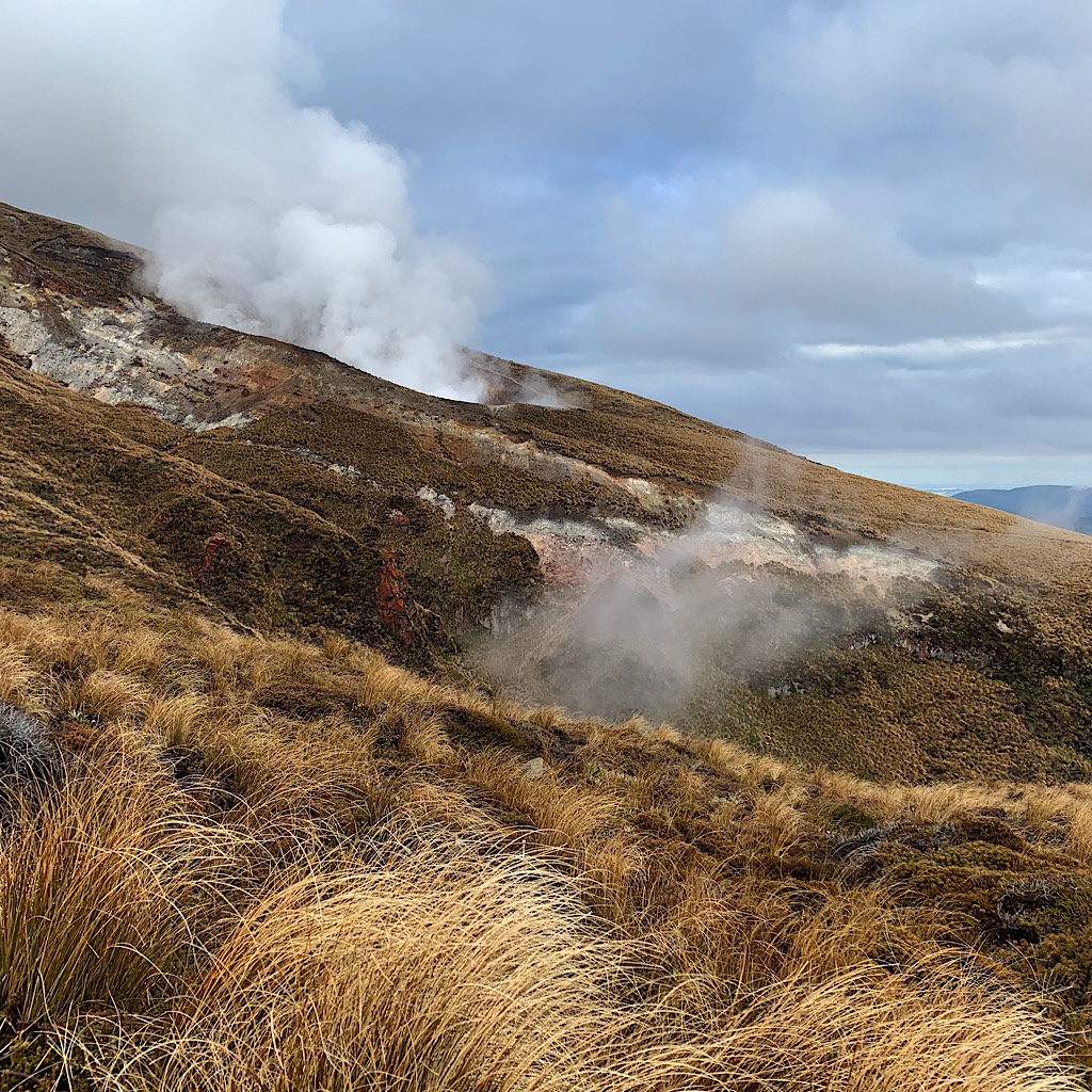 Steam vents along the trail show these are active volcanoes.