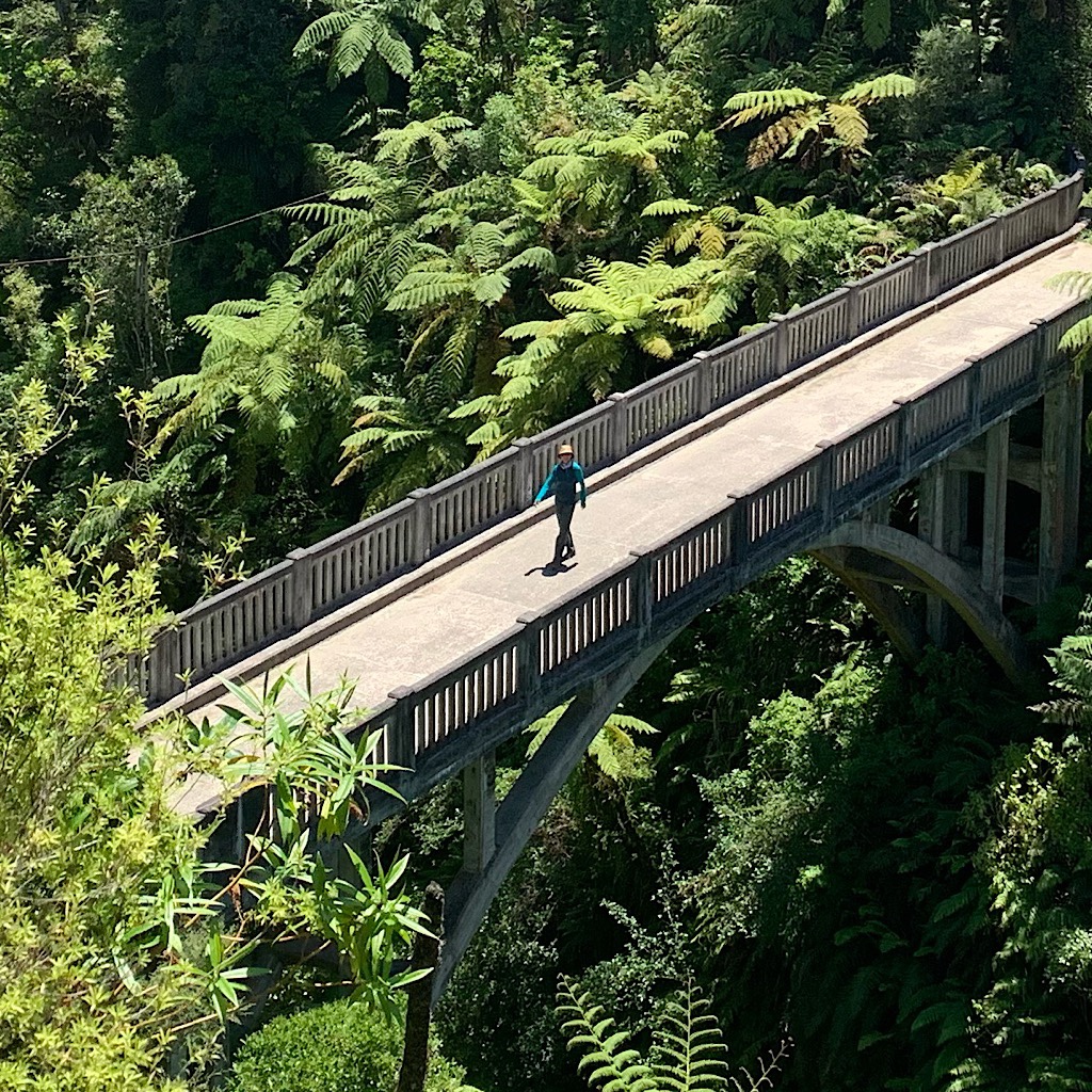Crossing the "Bridge to Nowhere" spanning the Mangapurua Stream in Whanganui National Park. 