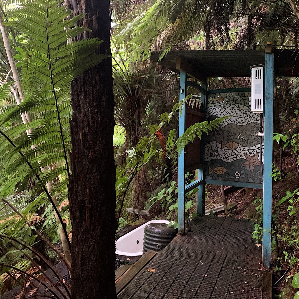 The quirky outdoor shower at Flying Fox. We were the only guests and the owners did not seem to want us there. 