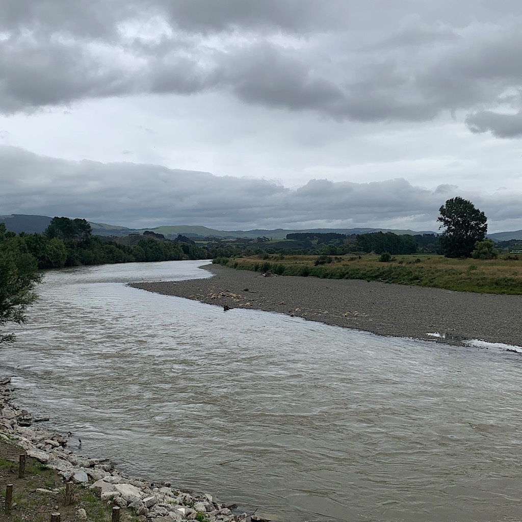 The Manawatu River which drains the Ruahine range to the northwest and runs through Palmerston North. 