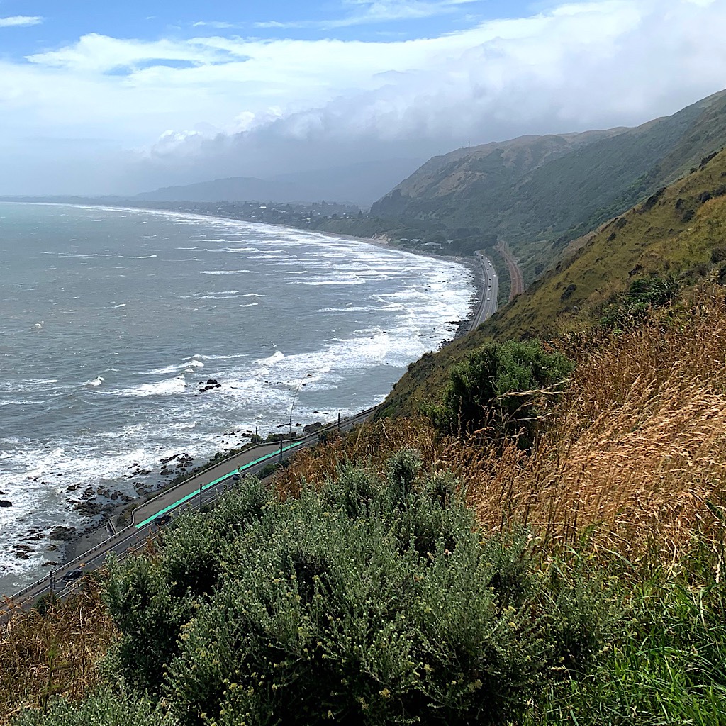 The view back to Paekakariki from the escarpment. The coast was not passable before the road was built. 