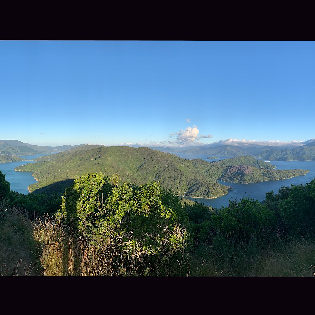 A panorama from my tent site at the lookout. There was a picnic table, a trig and one tiny flat spot for the alicoop. 