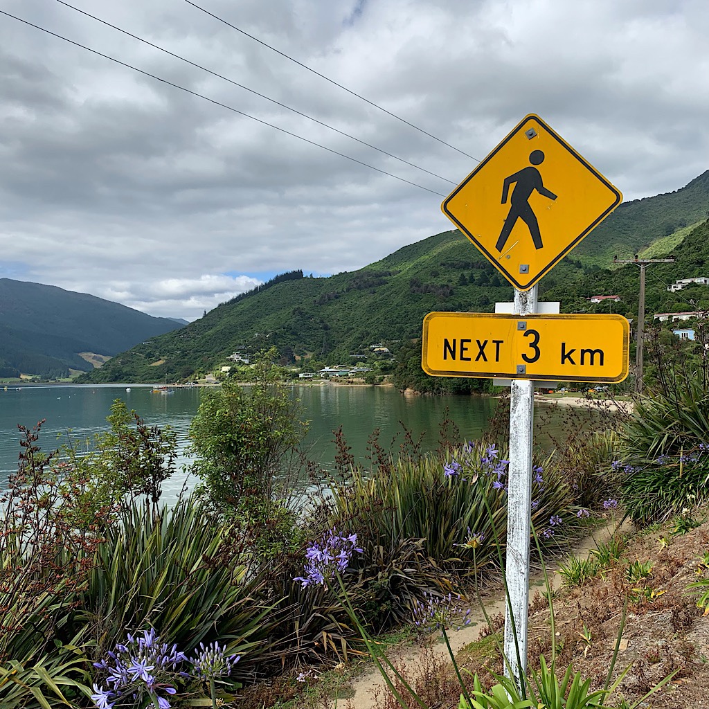 The ped sign near Anakiwa felt welcoming since Kiwi drivers rarely yield to walkers. 