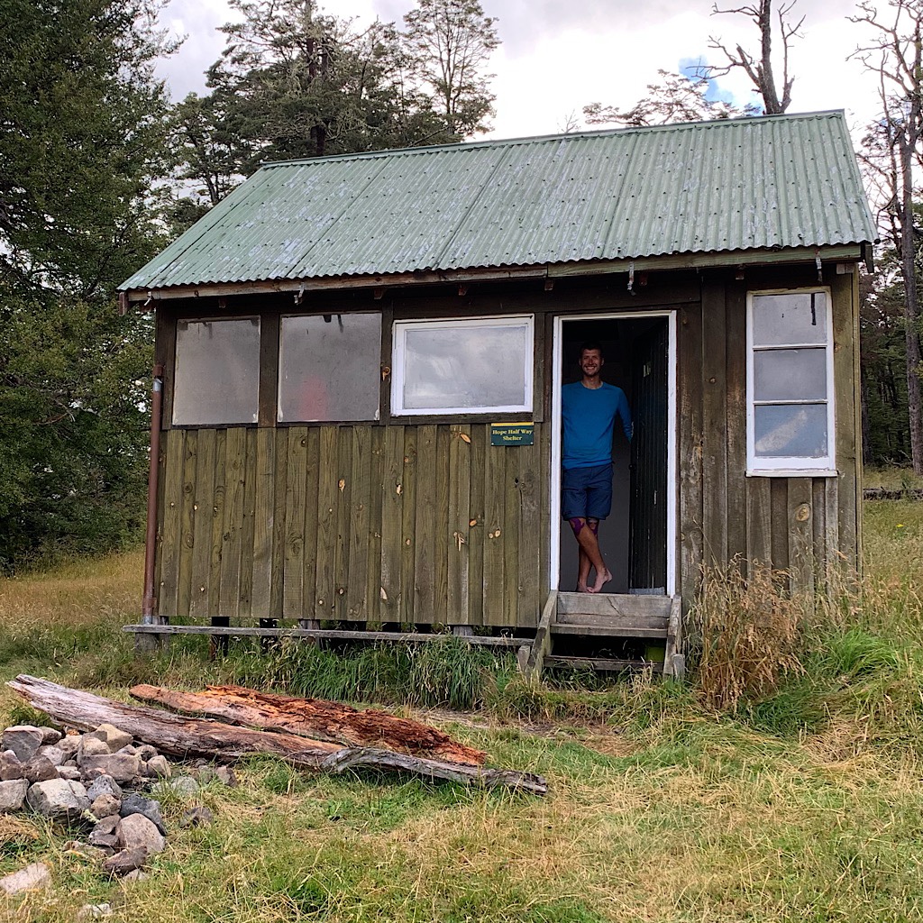 Tom at the hut before the massive rainstorm. 