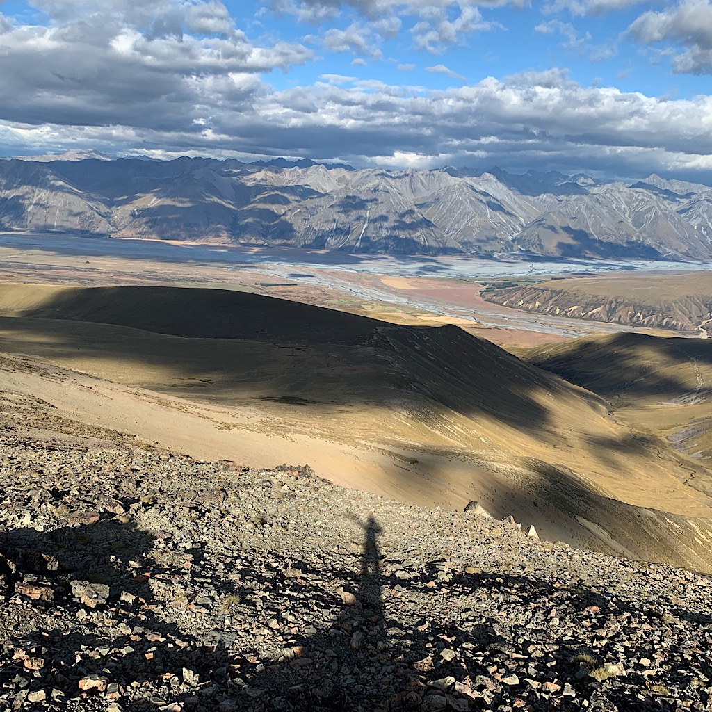 The glorious view towards Mount Cook from the peak. In spite of what the unpleasant Kiwi said, we had perfect weather. 