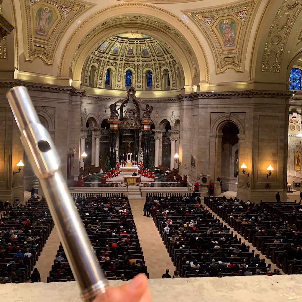 My flute peering down on the gathering congregation at the Cathedral of Saint Paul before playing Vivaldi for the 4:00 Mass.