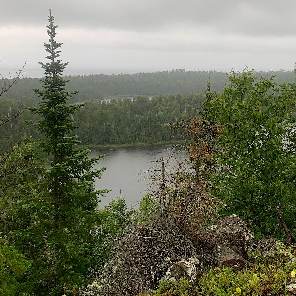 The rain stopped long enough for me to have some views from the ridge above Otter and Beaver Lake with the Lake Superior behind. 