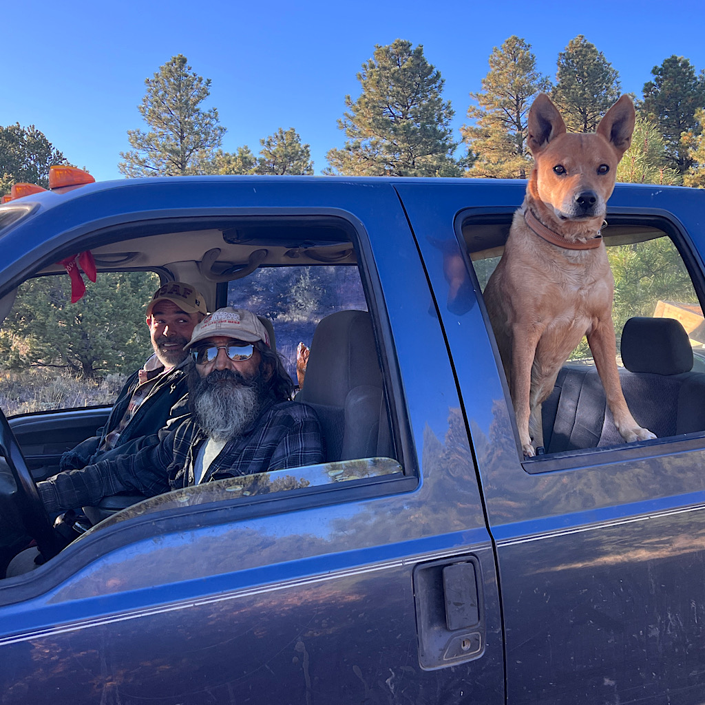 Pinyon gatherers and their very alert dog – must be a "morning dog."