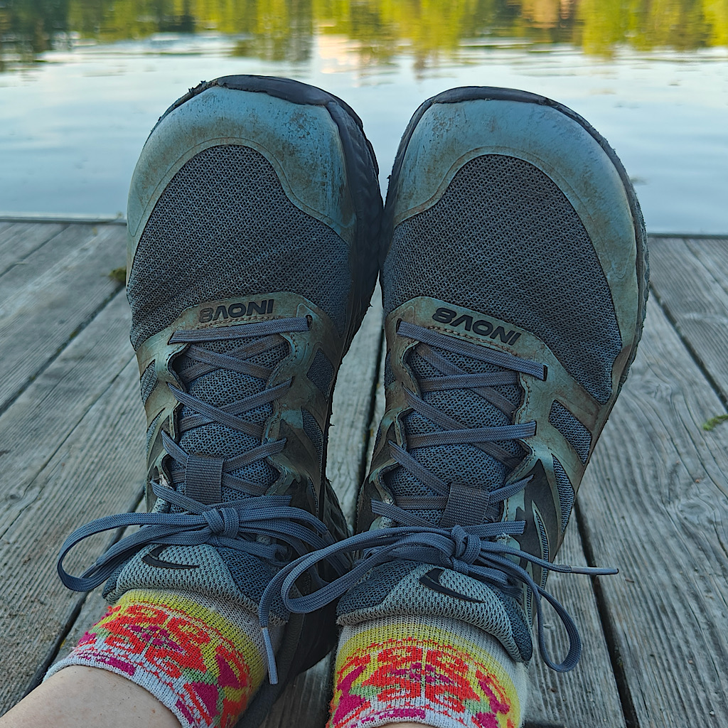 My well-loved Inov8 Trailfly shoes worn on the Arizona and Appalachian Trails for a 600-mile field test!