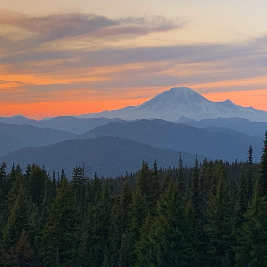 The view at sunset of Mount Rainier from my campsite on the side of Mount Adams in Washington's North Cascade Mountains. 