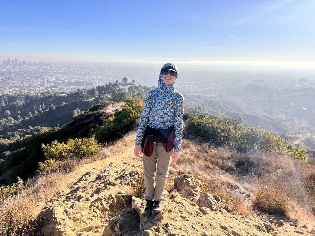 Atop Mount Hollywood in Griffith Park with Los Angeles at my left and Catalina Island just behind me. 