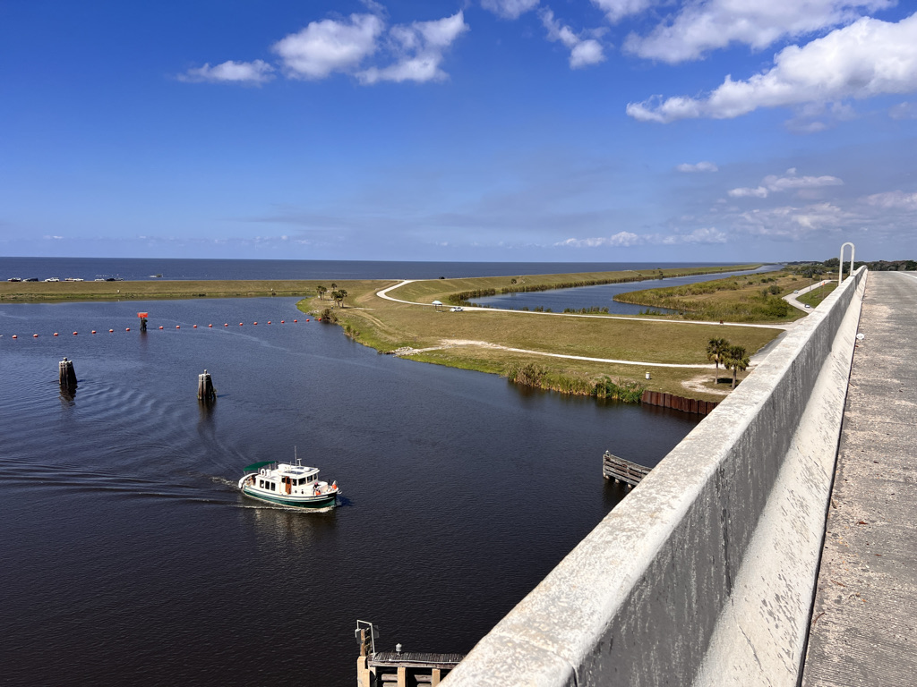 Port Mayaca Bridge over he Saint Lucie Canal. I walked this along with several cars, trucks and loud motorcycles. Plenty of room and a blast to finally climb high!