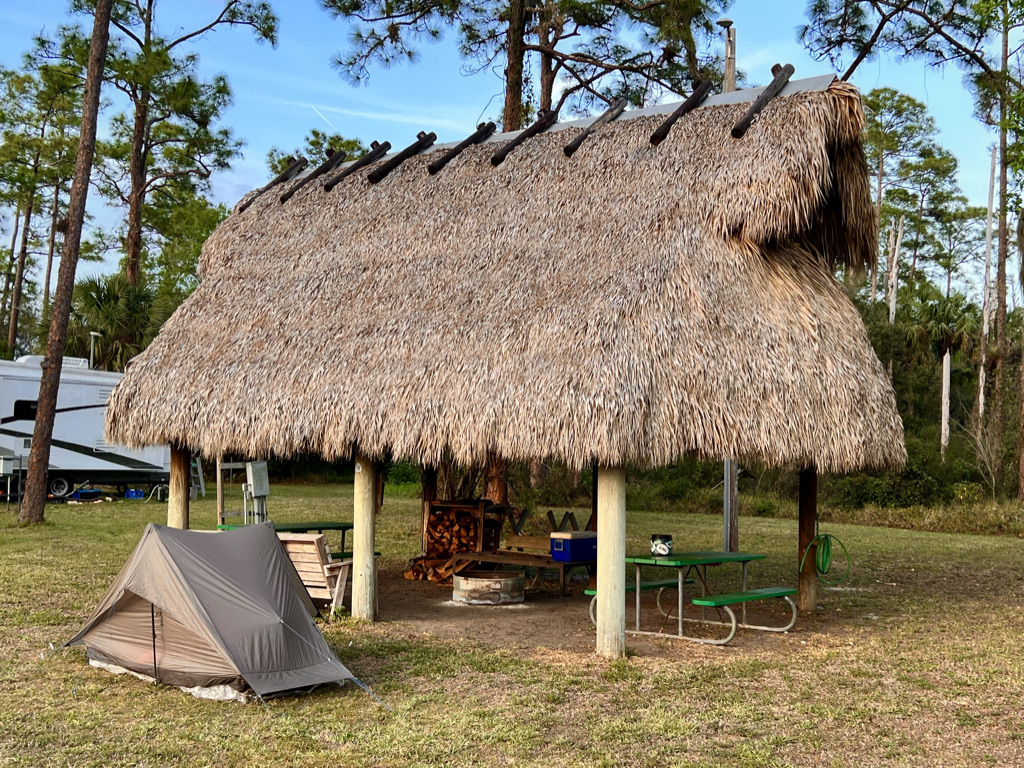 Camping under a chickee, a traditional Seminole structure at the Big Cypress New Testament Church. 