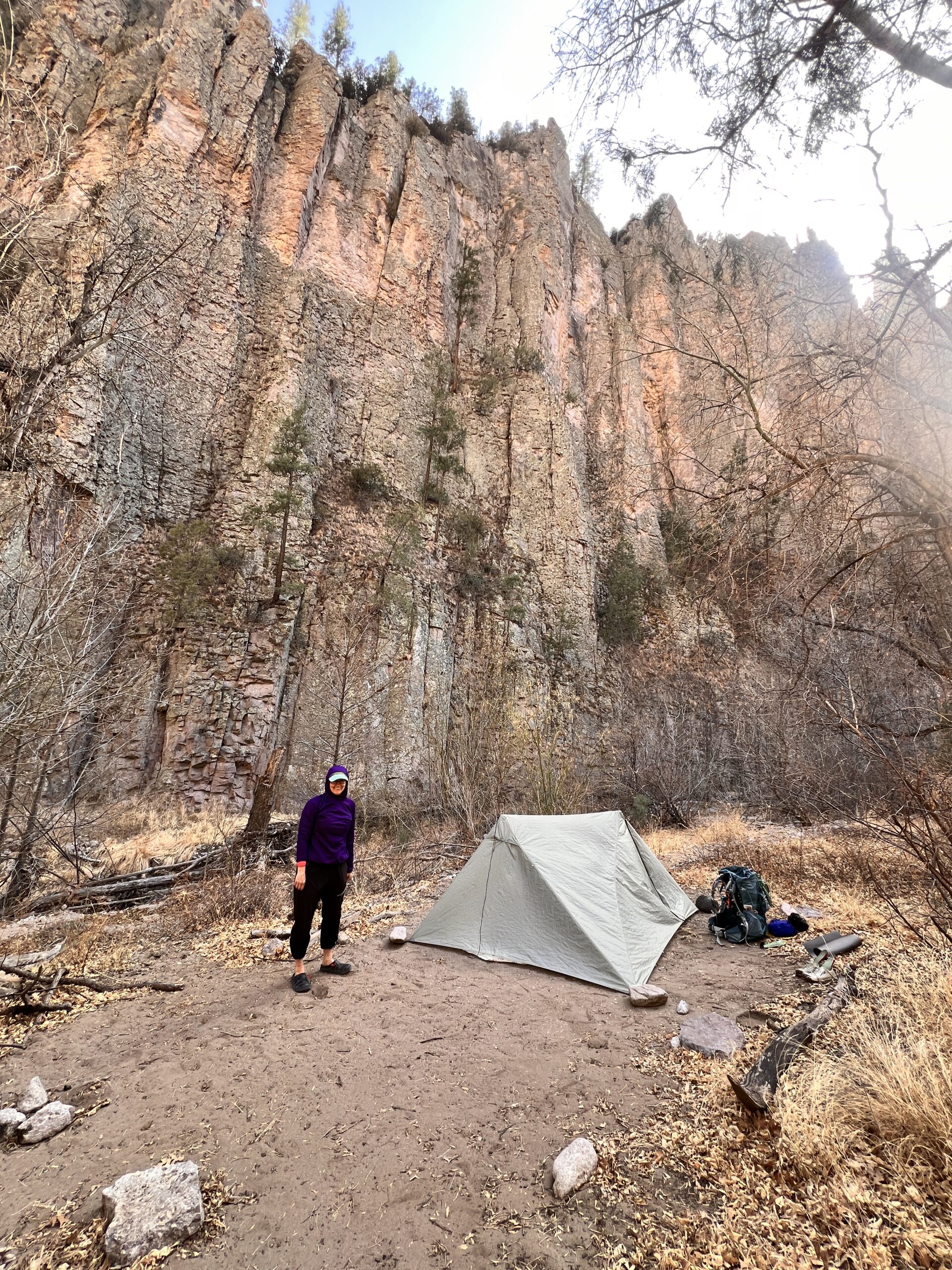 Mayflower (Heather) at her superb sight under ancient lava cliffs. We were both so happy to be in this extraordinary place mostly all alone.