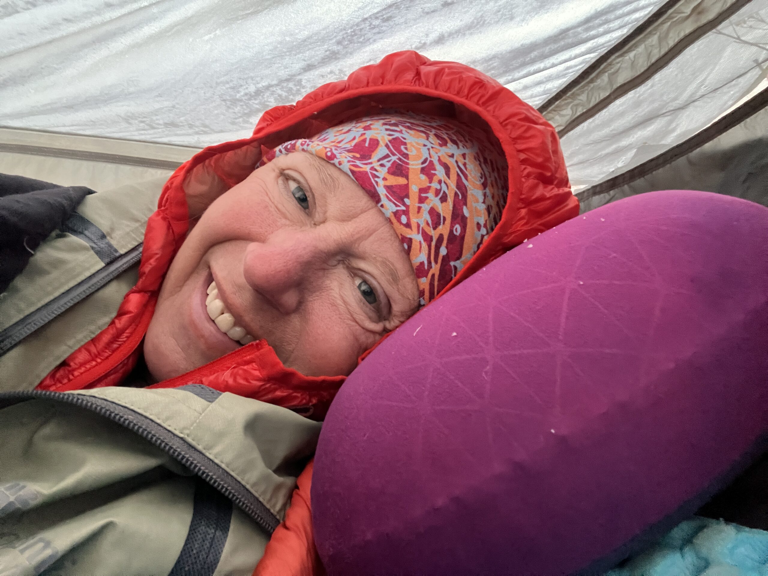 I am wearing everything I brought and wrapped inside a sleeping bag liner and sleeping bag.