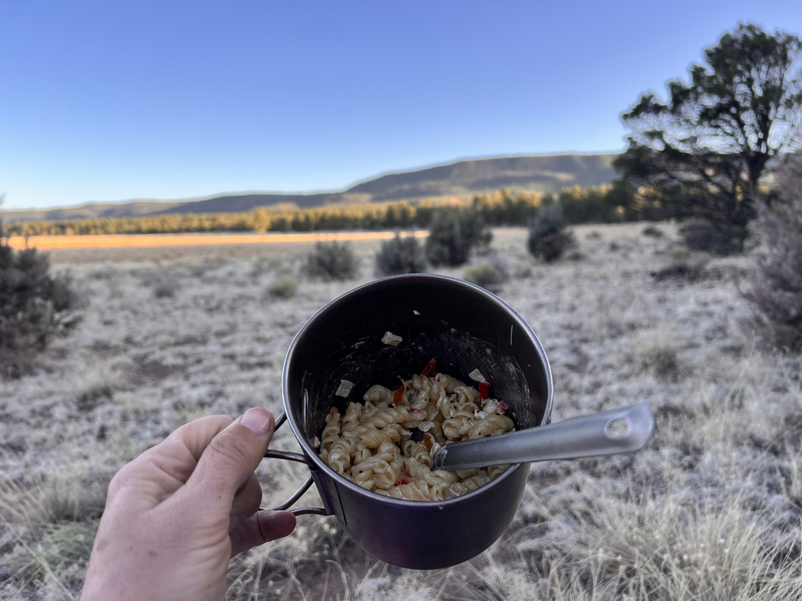 Pasta dinner with a view at my wee stealth site in the trees.