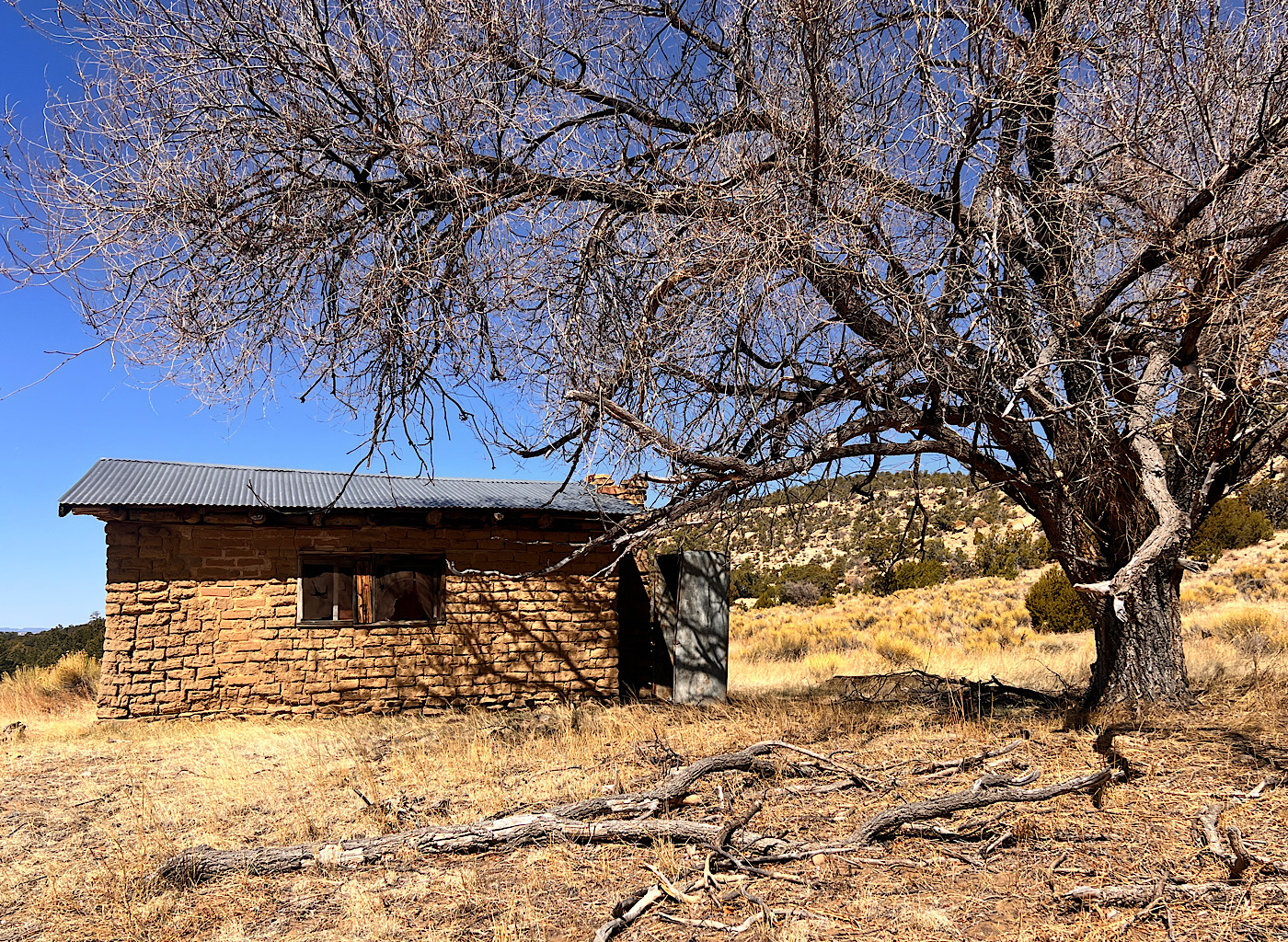 An abandoned cabin along the trail. When the water's flowing in the nearby riverbed, this would be a fantastic place to set up house-keeping.