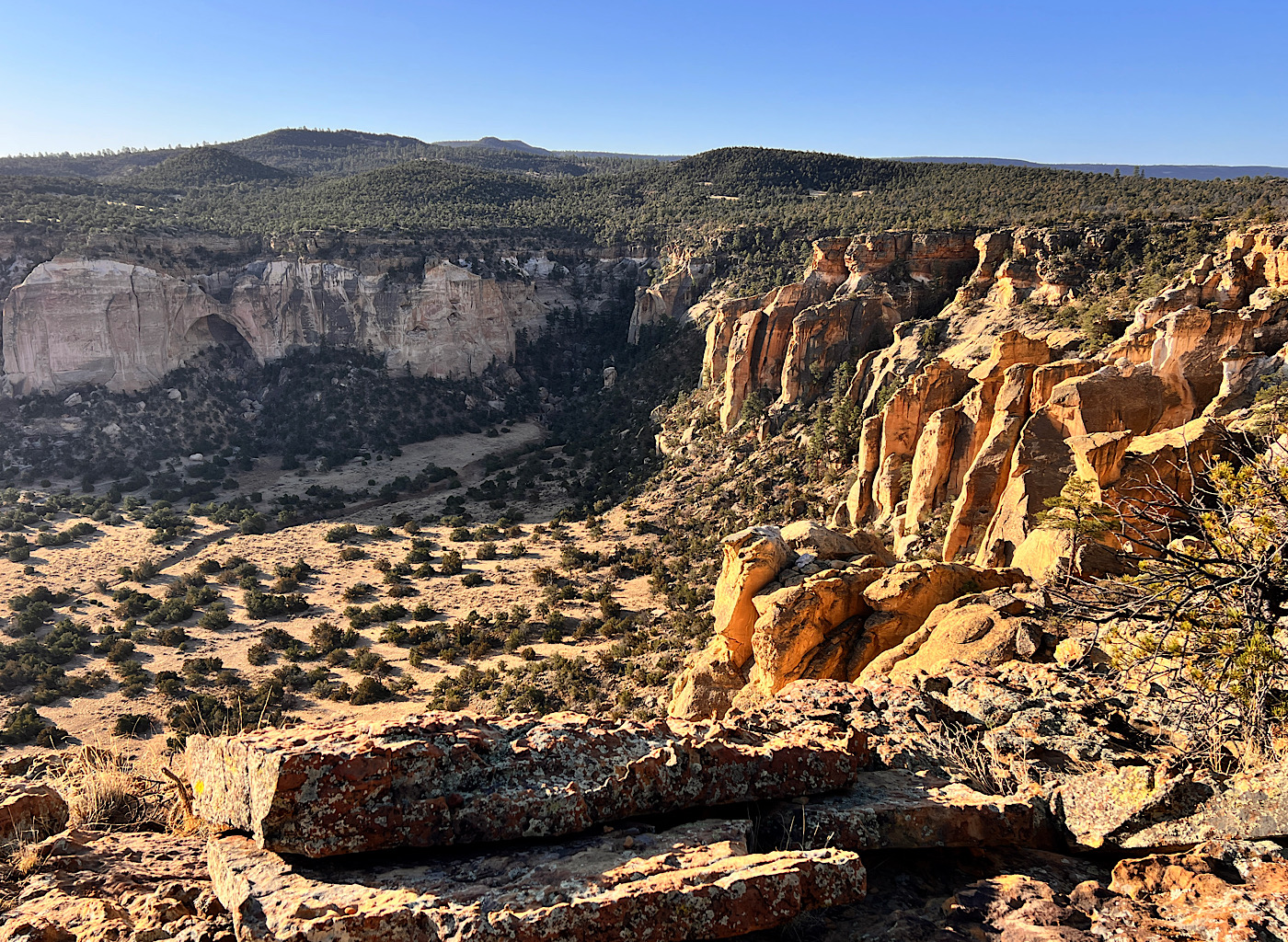 The La Ventana Arch in shadow as the sun brightens the cliffs on the mesa. Getting down was a challenge!