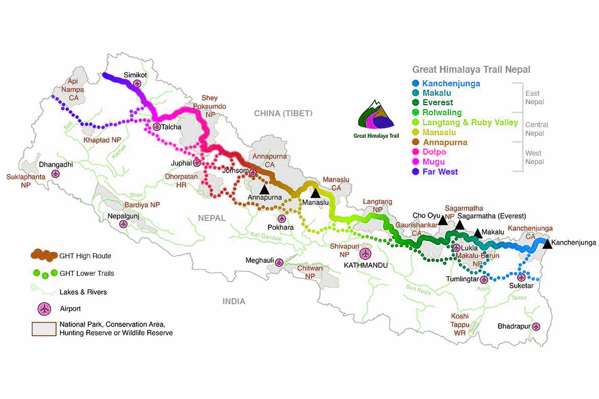 The Great Himalaya Trail in Nepal. I will be hiking the blue bit from Kanchenjunga to Makalu.